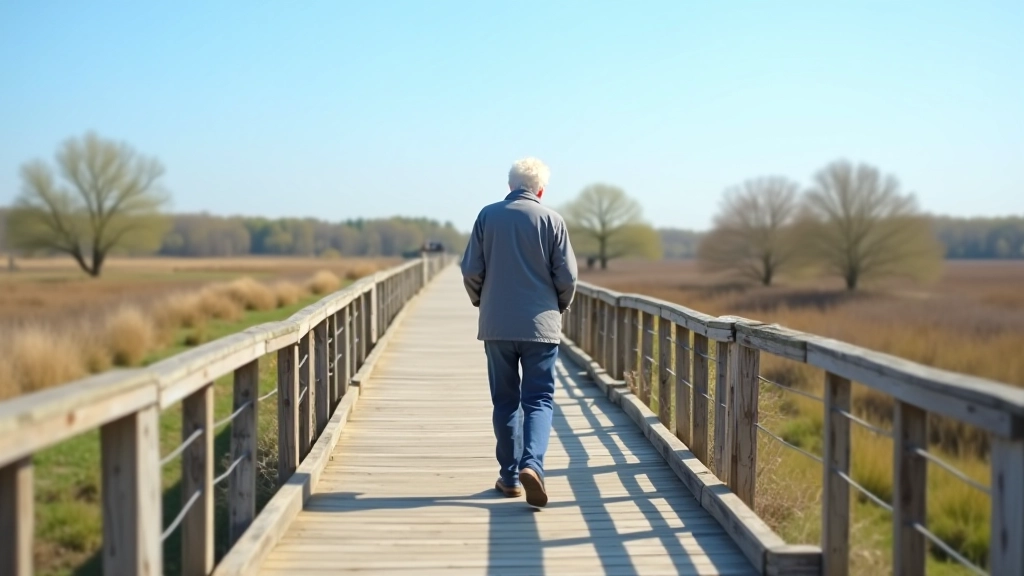 Personas invalīdiem pieejamā koka laipa purvu vidū ar pārraudzības platumu un soļiem